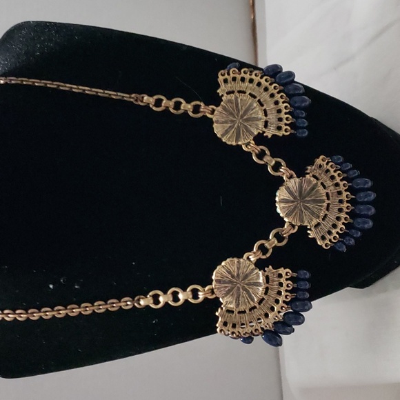 Beautiful Faux Turquoise,Navy Blue Beads, Clear Rhinestones  Bib Chunky Necklace - Picture 8 of 8